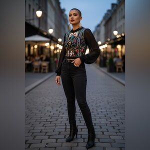 BEBE Chic Black Sheer Sleeve Top with Colorful Embroidery